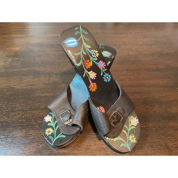Mystique Wedge Sandals Floral Painted Brown Leather Adjustable‎ Buckle Size 9 - Picture 12 of 12
